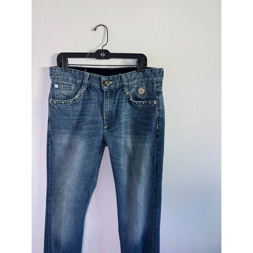 Crown Holder Straight Jeans Men 34 Blue Denim Cotton Beaded Embroidered Mid Rise